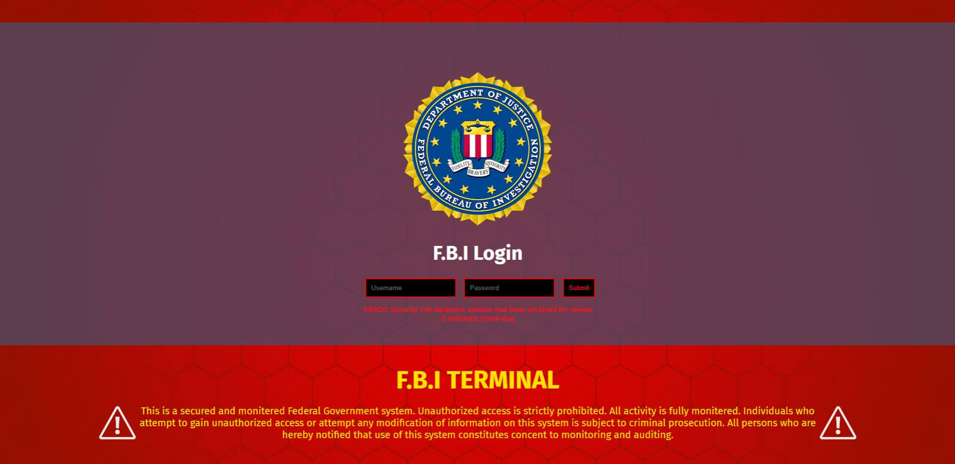 The FBI Login lockdown screen